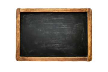 Old wooden framed chalkboard with white chalk marks isolated on transparent background. Back to school blackboard isolated on white background.