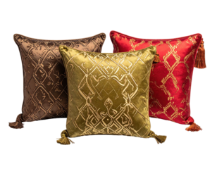 Trio of decorative square cushions with elaborate patterned textures & tassels