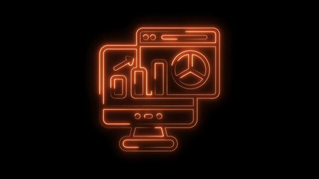 Neon style computer screen displaying pie chart and growing bar graph on black background