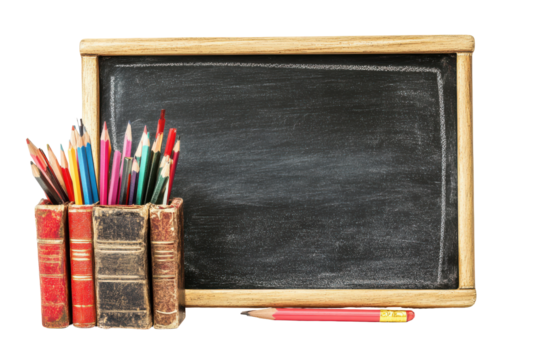 Vintage books holding colorful pencils next to a chalkboard isolated on transparent background. Back to school blackboard isolated on white background.