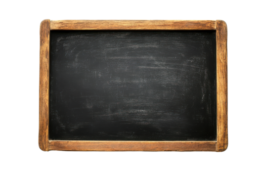 Old wooden framed chalkboard with white chalk marks isolated on transparent background. Back to school blackboard isolated on white background.