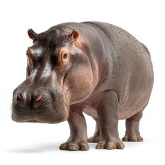 A powerful hippopotamus stands, its massive frame and thick skin on display, creating a sense of awe and wonder. Its gentle eyes and expressive face reveal the calm demeanor of the giant