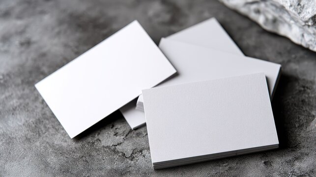 Blank business cards on grey table, flat lay. Mockup for design.