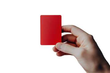 Hand holding a red card isolated on transparent background. Bank credit plastic card mockup in hand set isolated on white background.