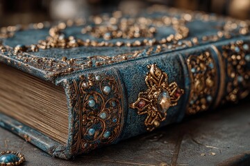 Intricate Leather Binding of an Ancient Book Sparkles With Decorative Gems Generative AI