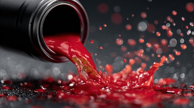 Vibrant red liquid pouring into black can, dynamic splash with frozen droplets, high contrast minimalistic action for beverage ads, product packaging, and brand visuals


