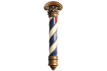 Vintage barber pole with ornate gold handle isolated on transparent background. Barbershop pole isolated on white background.