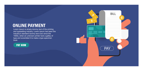 Hand holding phone with payment process on screen landing page concept