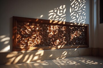 Intricate Light Patterns Cast by a Wooden Mashrabiya in a Serene Setting Generative AI