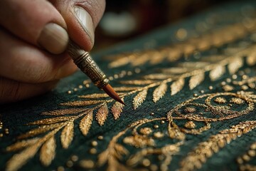 Crafting Delicate Gold Ornamentation on Dark Fabric With Precision and Care Generative AI