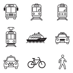 Set of public transportation related icons minimal flat graphic transport symbol silhouette vector transparent background.