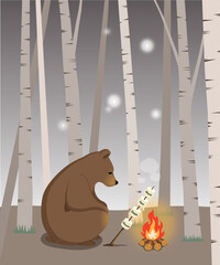A bear sits in the forest, burning worries, pain, stress, and gloom in the campfire to find comfort and healing.