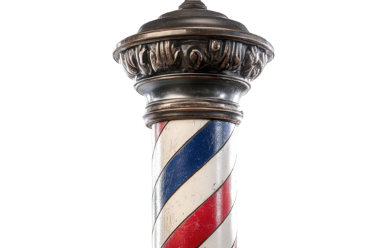 Vintage barber pole with ornate gold handle isolated on transparent background. Barbershop pole isolated on white background. - Powered by Adobe