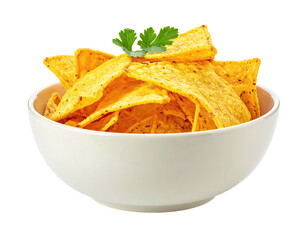 Crispy corn tortilla chips in a white bowl, topped with a sprig of green herbs