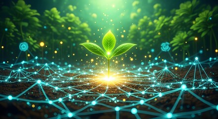 Smart farming network and genetic data monitoring. Sustainable agriculture and future technology. Plant growing from soil connected by a blue digital mesh web