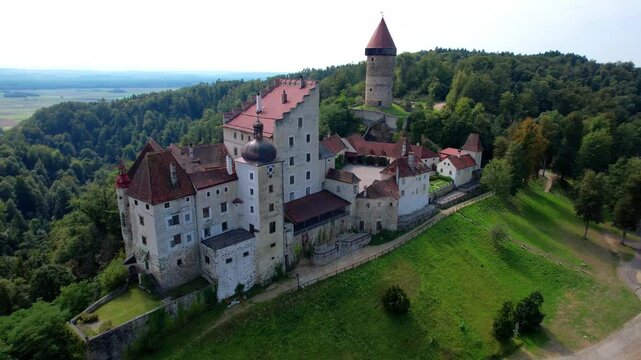 Most beautiful medieval castles of Upper Austria - Burg Clam in Wachau valley, Danube river. Historc austrian landmarks. 4k hd aerial drone video
