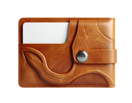 Close-up of a textured brown leather wallet with a card partially visible