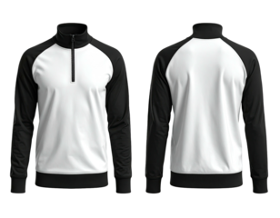 Two views Front and back of a black and white athletic zip-up shirt