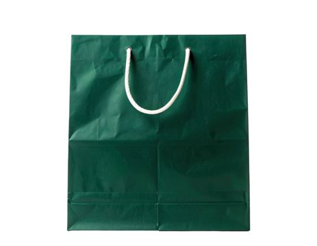 Square green paper bag with white rope handles, crinkled texture
