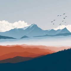 A stunning landscape featuring layered mountain ranges, birds, and a vibrant color palette
