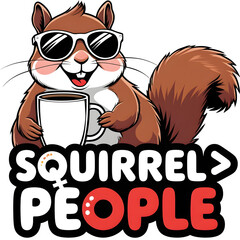 Happy Squirrel Wearing Sunglasses with Coffee Mug Cartoon Illustration (Transparent Background)