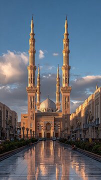 Mosque facade, golden light, reflection, serene