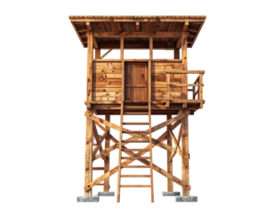 Wooden watchtower with a small door, stairs, and a railing, on a black background