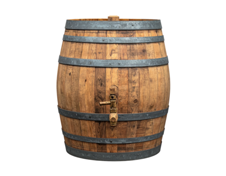 A wooden barrel with metal bands, a spigot, and a stopper against a black background