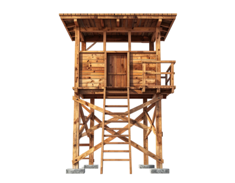 Wooden watchtower with a small door, stairs, and a railing, on a black background