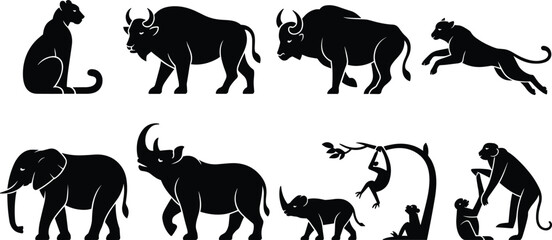 Wild animal silhouettes, African wildlife vector, jungle creatures, elephant, buffalo, monkey, rhino, leopard, nature icons, black graphic illustrations
