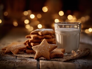Delicious star-shaped cookies dusted with powdered sugar are arranged beside a glass of milk, creating a cozy and inviting atmosphere for festive celebrations and gatherings