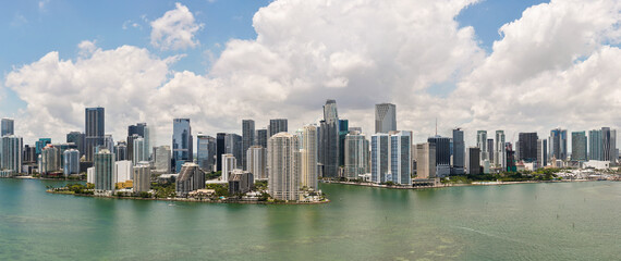 Panorama of Miami skyline. Panorama cityscape of Brickell Miami. Scenic drone view of Florida...