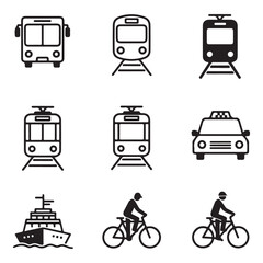 Set of public transportation related icons minimal flat graphic transport symbol silhouette vector transparent background.