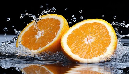 Fresh orange halves in water splash