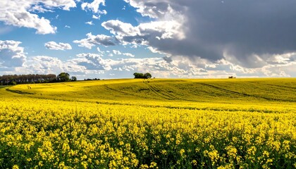 Obraz premium Vast yellow rapeseed field under partly cloudy sky