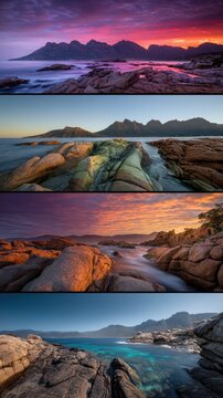 Coastal landscape panorama. Four views of dramatic rocky shoreline at sunrise/sunset