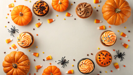 Festive halloween treats and pumpkins arranged in a circular border