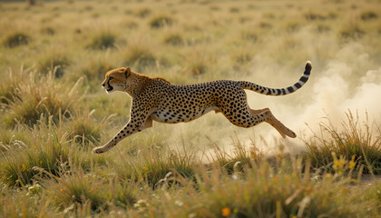 Cheetah leaping through the savanna, dust clouding its powerful, agile form