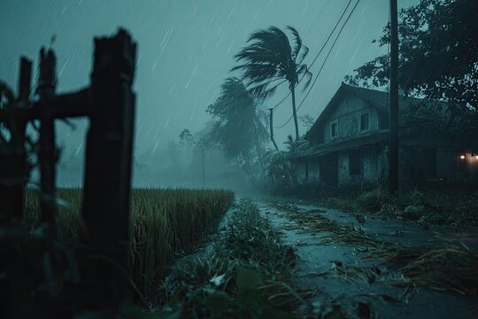 Stormy night, flooded road, damaged house