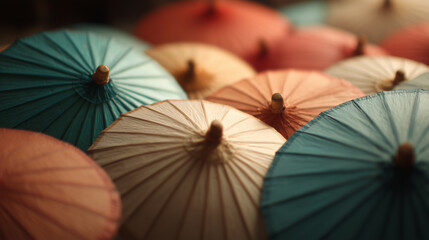 Colorful paper umbrellas arranged together in a vibrant display at a market during the afternoon