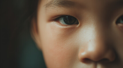 Close-up of a child's expressive eyes in a soft, diffused light highlighting emotion and curiosity