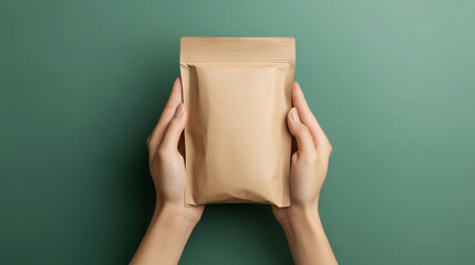 Hands holding a brown paper package against a green background
