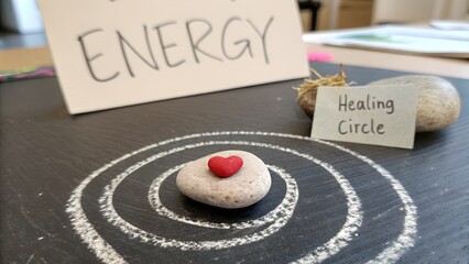 Stone with Red Heart in Center of Circle on Dark Table