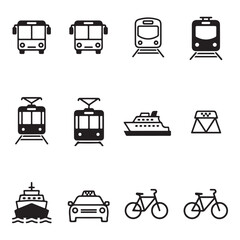 Set of public transportation related icons minimal flat graphic transport symbol silhouette vector transparent background.