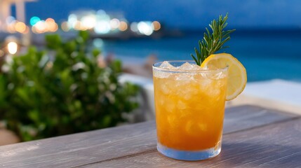 Rum punch with tropical garnish, night ocean shimmering in background