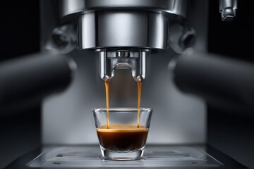Warm, rich espresso pours into a glass, showcasing a smooth texture. The sleek coffee machine gleams in the background, enhancing the inviting atmosphere