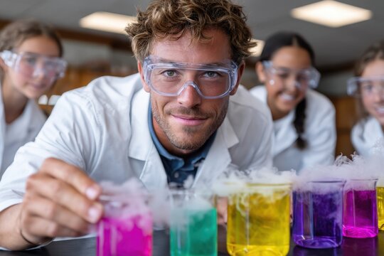 Young scientist demonstrates colorful chemical reactions during a classroom experiment