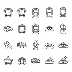 Set of public transportation related icons minimal flat graphic transport symbol silhouette vector transparent background.