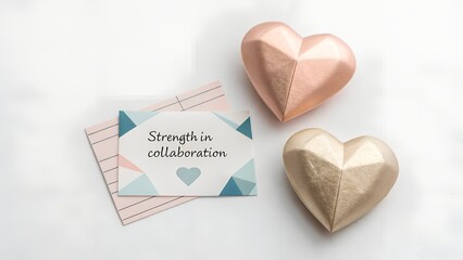 Two geometric hearts beside a card with a positive message