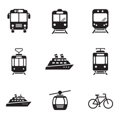 Set of public transportation related icons minimal flat graphic transport symbol silhouette vector transparent background.